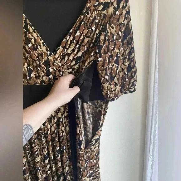 Vintage Evan Picone Satin Party Cocktail Dress 90s Wrap Half Sleeve V Neck Brown - Picture 8 of 10